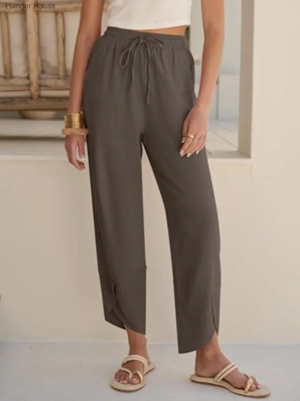 Wide Leg Palazzo Pants Cropped Capris Drawstring Waist Rayon Linen Casual - Picture 3 of 7